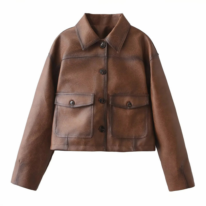 Ladies cropped leather jacket with practical chest pockets and Lune London button details