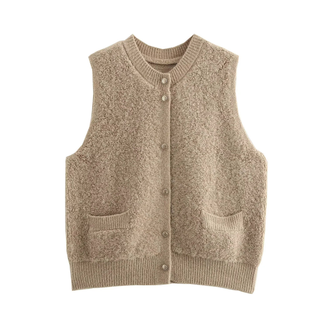 Ladies Sleeveless Teddy Vest with Button Placket and Patch Pockets Amarae