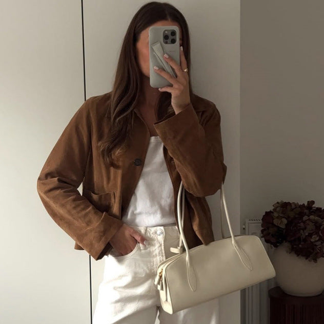 Women Short Cut Suede Jacket with Shirt Collar and Patch Pockets Amarae