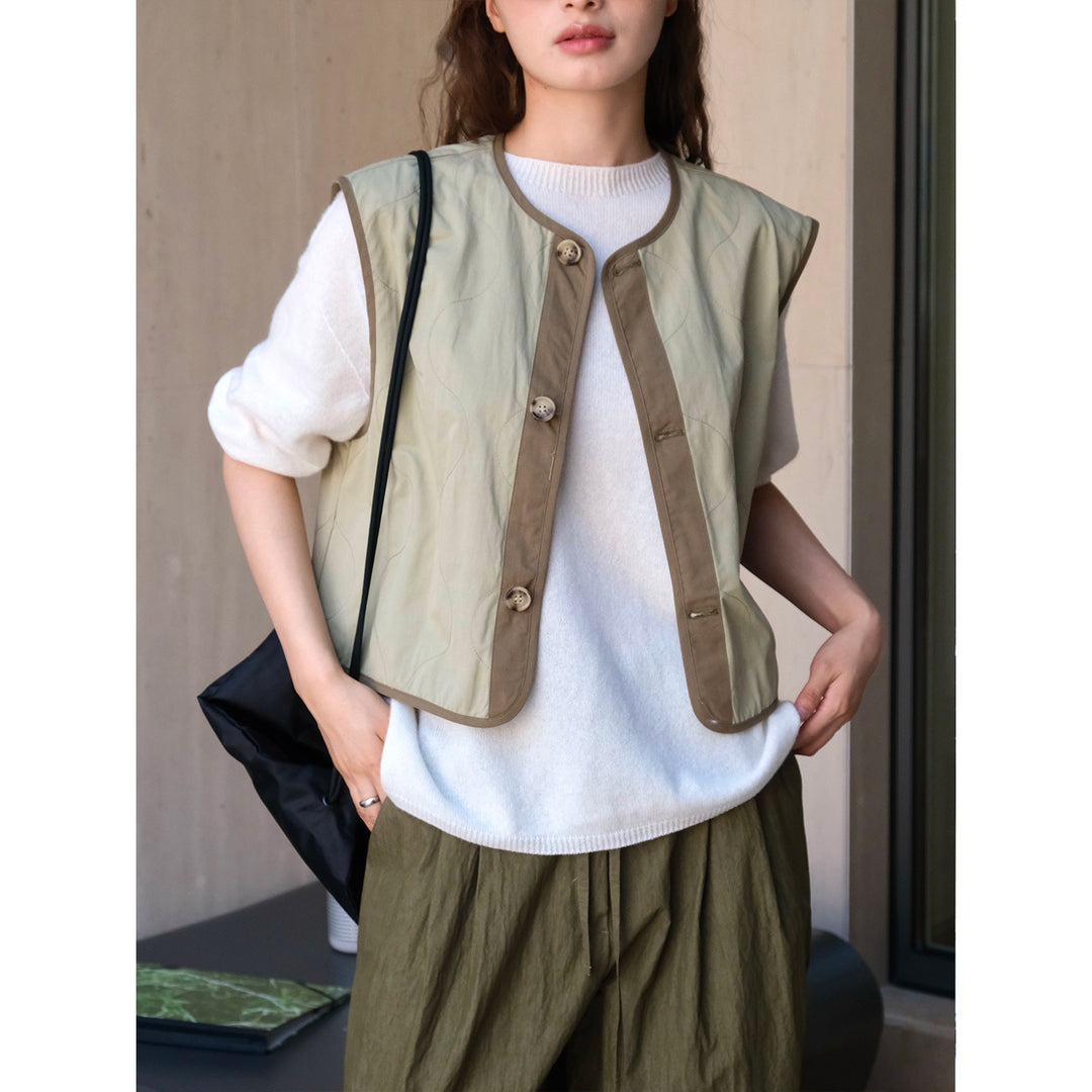 Women's Lightweight Padded Vest with Round Neckline, Contrast Piping and Button Placket Amarae