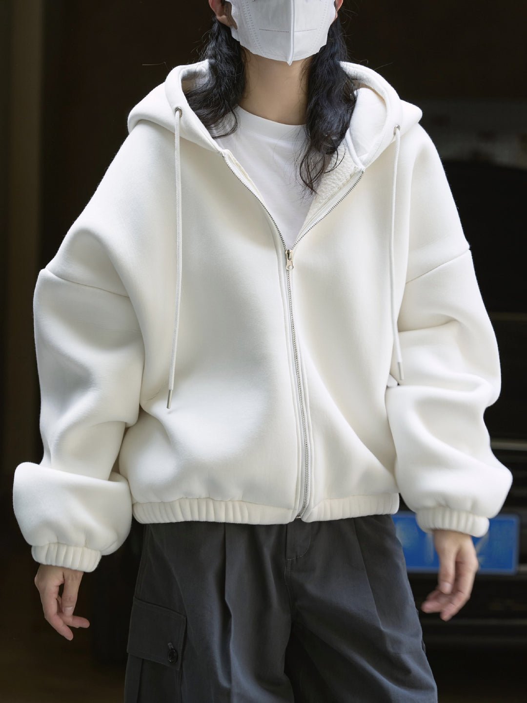 Women Oversized Hooded Zip Jacket with Teddy Lining and Elastic Hem Amarae