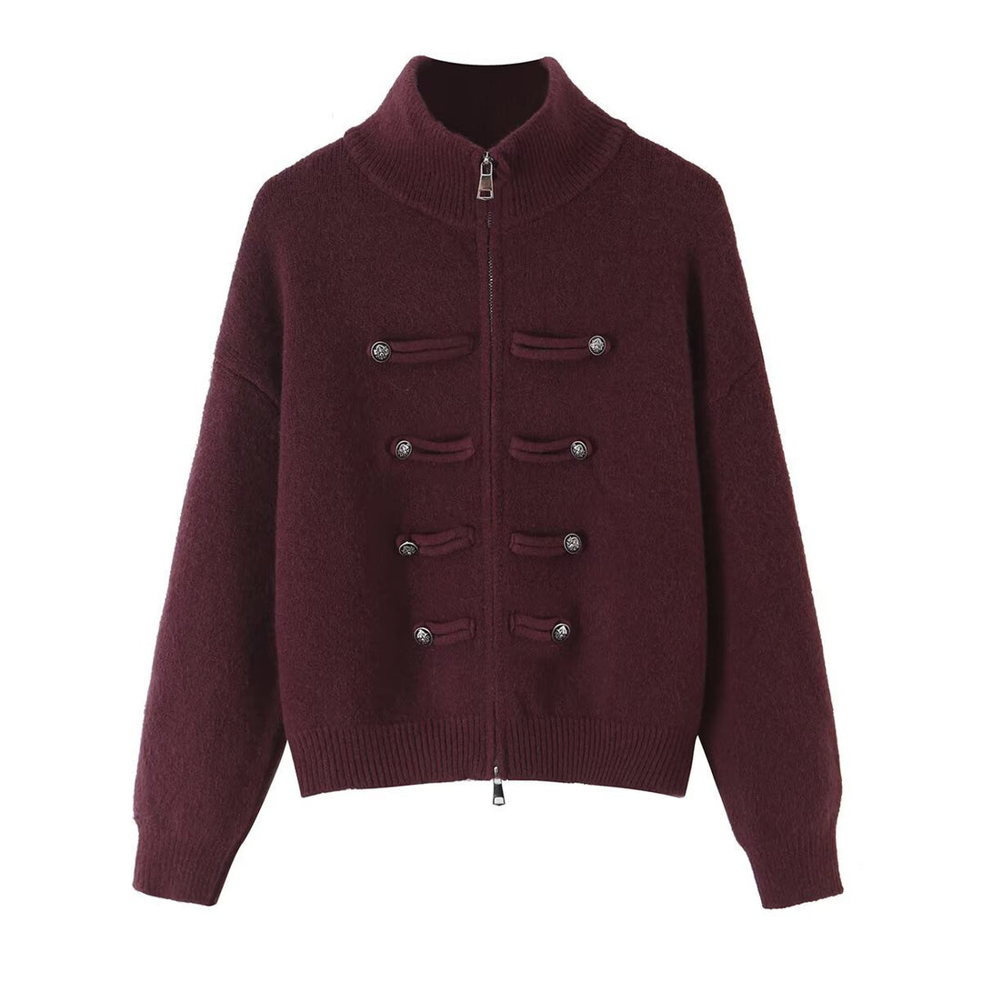 Ladies cardigan with stand-up collar, zipper and decorative knot trims Amarae