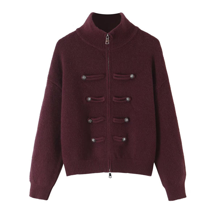 Ladies cardigan with stand-up collar, zipper and decorative knot trims Amarae