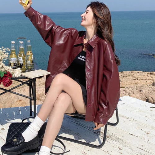 Women Oversized Faux Leather Jacket with Practical Pockets and Button-Down Closure Chic & Stil