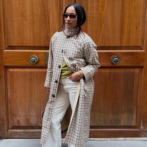 Women’s Maxi Long Checked Wool Blend Coat with Straight Silhouette Amarae