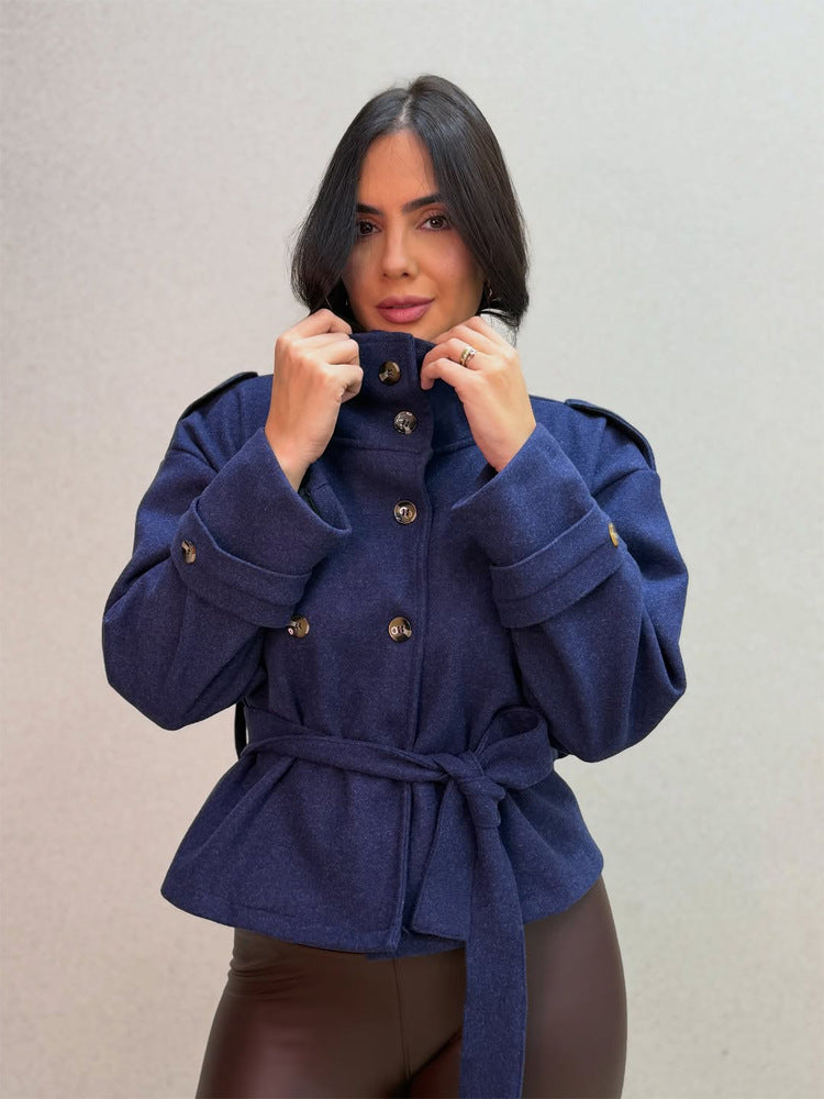 Women Short Double-Breasted Coat with Stand Collar and Tied Belt Amarae
