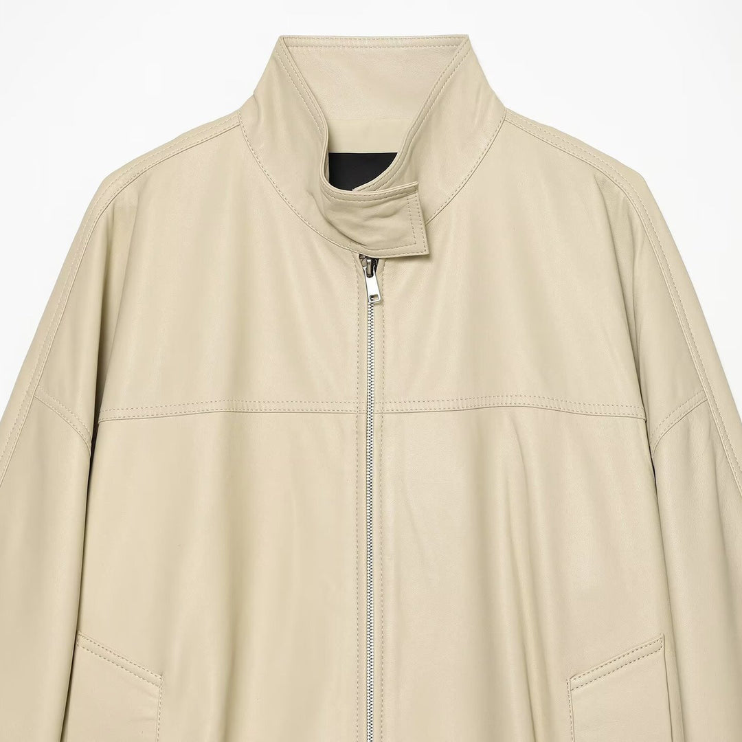 Women's loosely cut leather-look transitional jacket with stand-up collar, two-way zipper, and kangaroo pockets Amarae