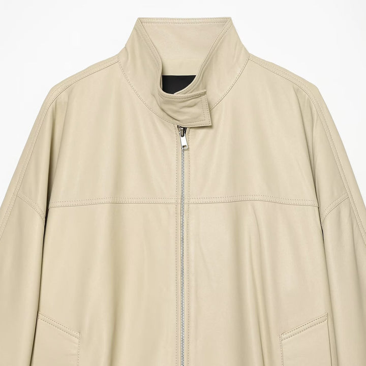 Women's loosely cut leather-look transitional jacket with stand-up collar, two-way zipper, and kangaroo pockets Amarae