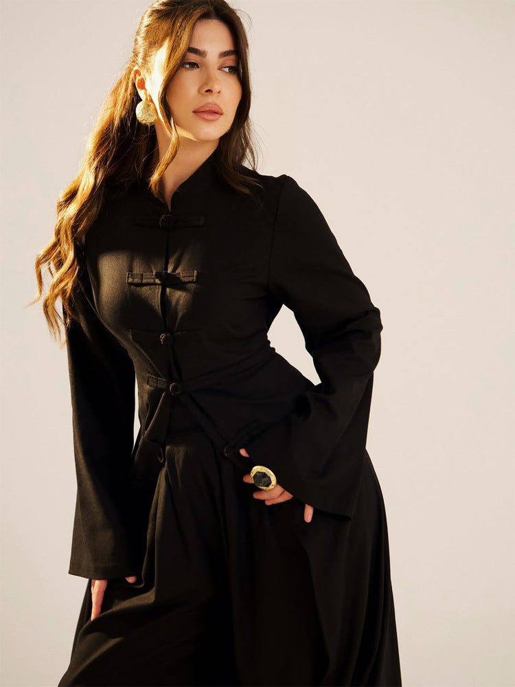 Ladies maxi dress with stand collar, mandarin button placket and draped skirt Amarae