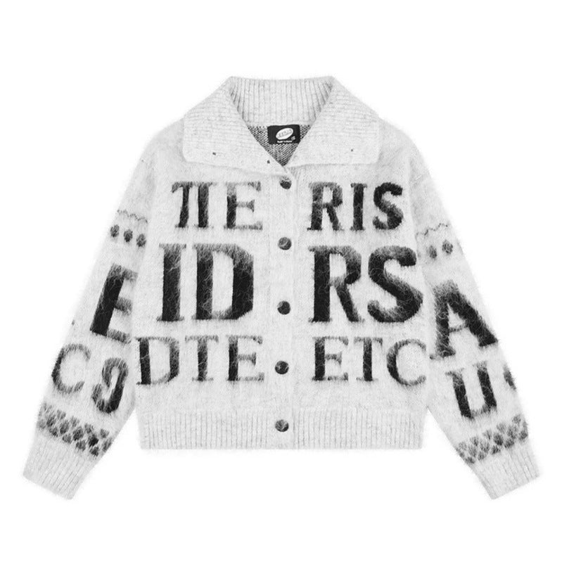 Women’s oversized mohair cardigan with button placket, large lapel collar, and typographic all-over print Amarae