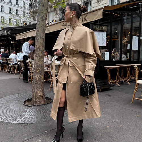 Women Long Trench Coat with Capelet, Waist Belt and Storm Collar Amarae