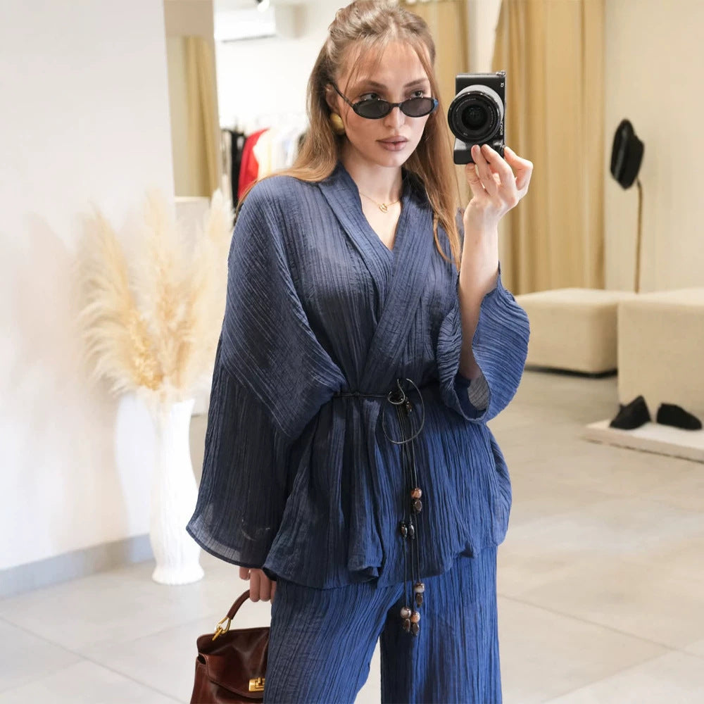 Women's Lightweight Crinkle Two-Piece with Wrap Top, Beaded Band & Wide Palazzo Pants Amarae