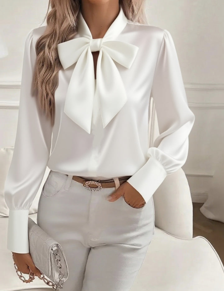 Women elegant satin blouse with bow collar and puff sleeves Lune London