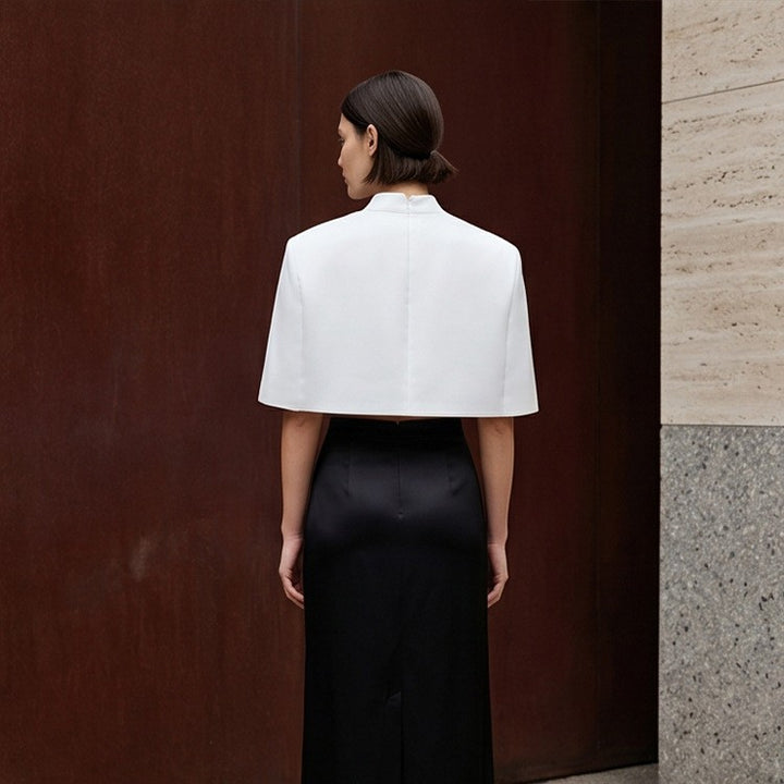 Women Short-Cut Sculptural Cape Top with Stand Collar Amarae