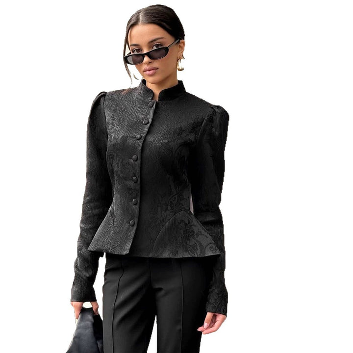 Women tailored jacquard blouse with stand-up collar and decorative button placket Amarae