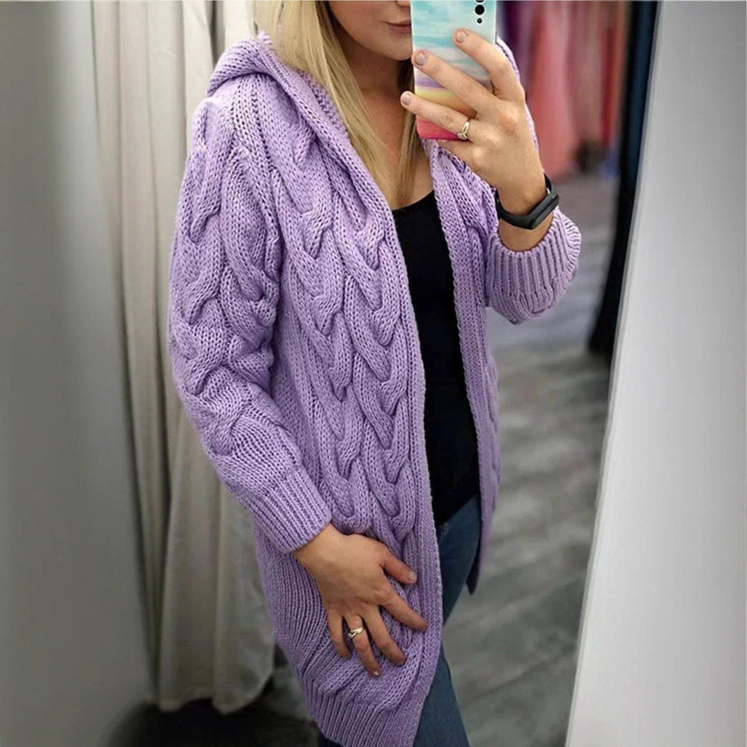 Ladies Chunky Knit Cardigan with Hood and Chic 3D Pattern