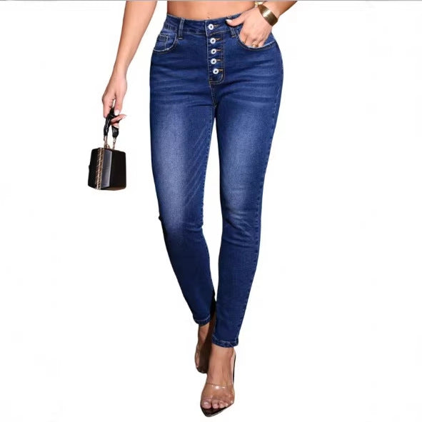 Women High-waisted Sculpting Skinny Jeans with visible multi-button placket and shaping butt lift Amarae