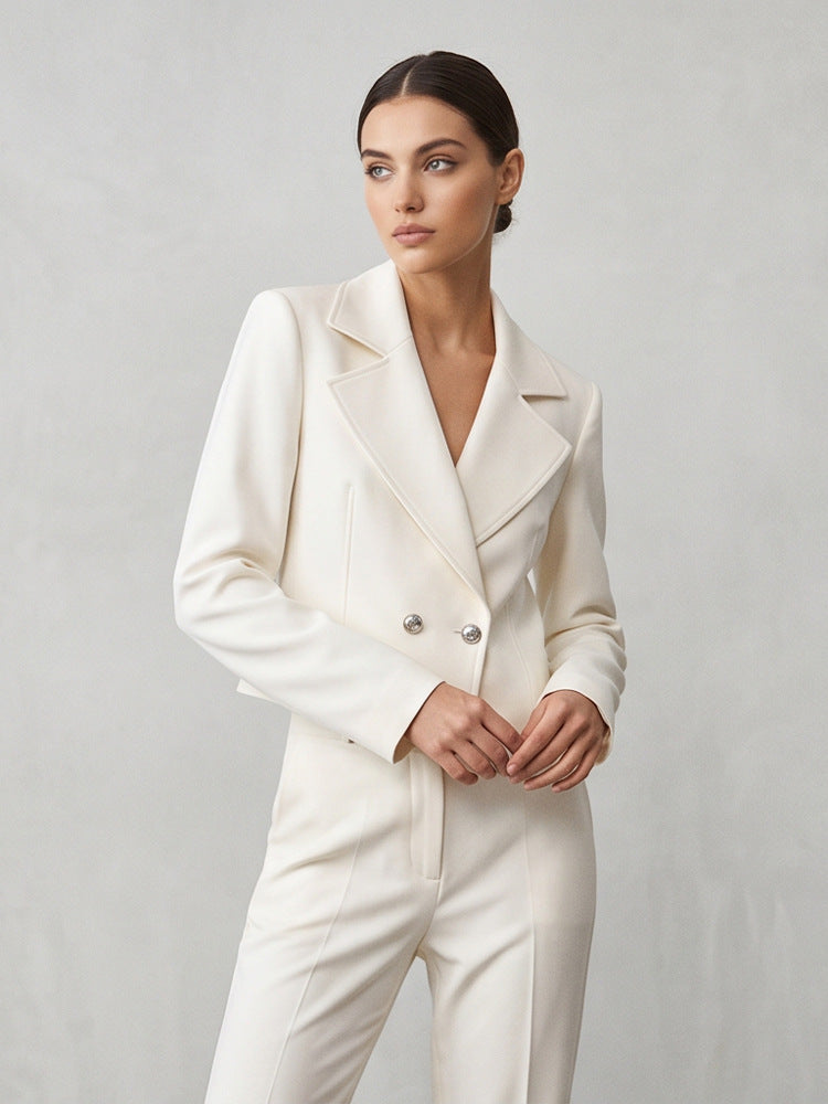 Women's Short Tailored Double-Breasted Shawl Collar Blazer with Emphasized Shoulder Area Amarae