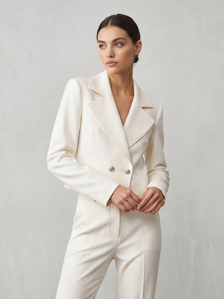 Women's Short Tailored Double-Breasted Shawl Collar Blazer with Emphasized Shoulder Area Amarae