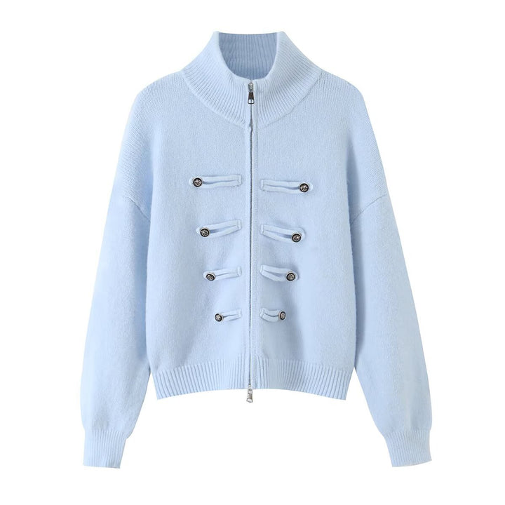 Ladies cardigan with stand-up collar, zipper and decorative knot trims Amarae
