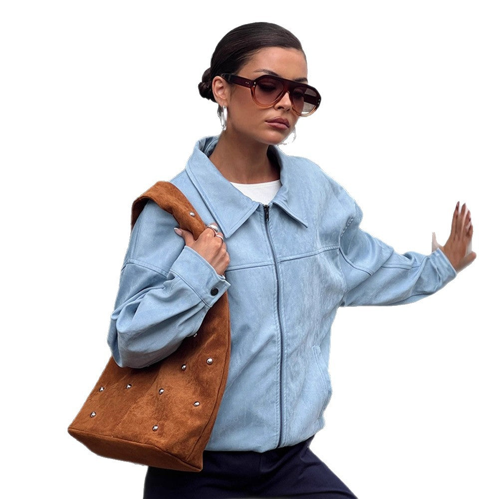 Women's Lightweight Suede-Look Blouson with Shirt Collar, Full Zipper and Boxy Silhouette Amarae