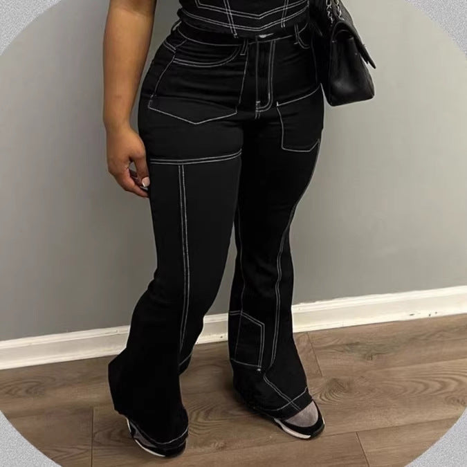Ladies High-Waist Flared Jeans with Contrast Stitches and Cargo Inserts Amarae