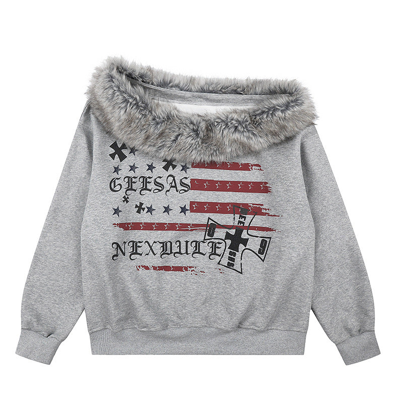 Women's Off-Shoulder Sweatshirt with Fake-Fur Collar, Relaxed Fit and Vintage Flag Print Amarae