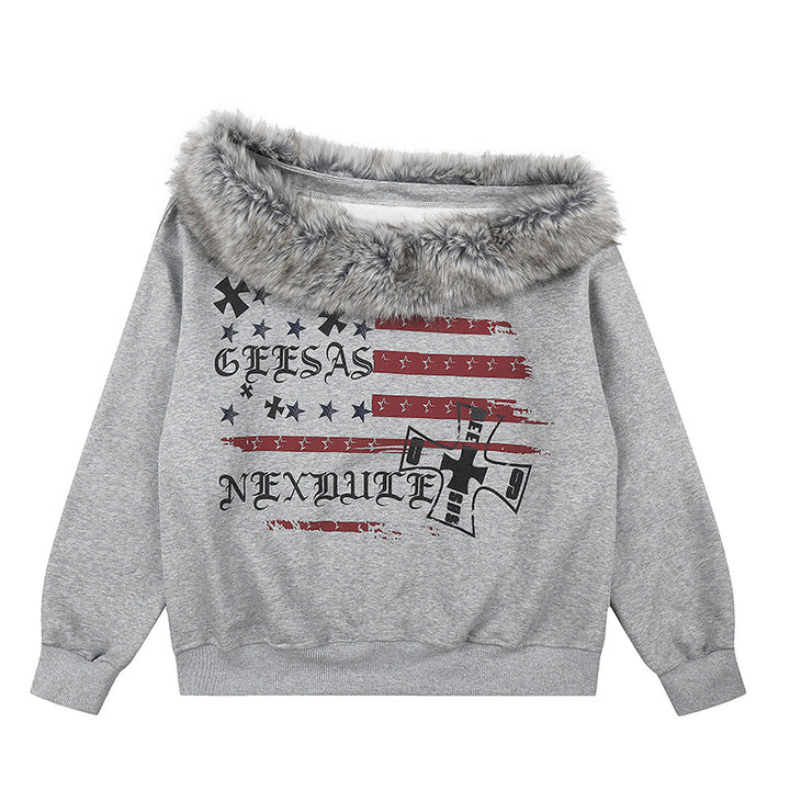 Women's Off-Shoulder Sweatshirt with Fake-Fur Collar, Relaxed Fit and Vintage Flag Print Amarae