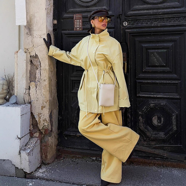 Women's Oversize Rain Jacket with Drawstring Waist, High Stand-Up Collar & Flap Pockets Amarae
