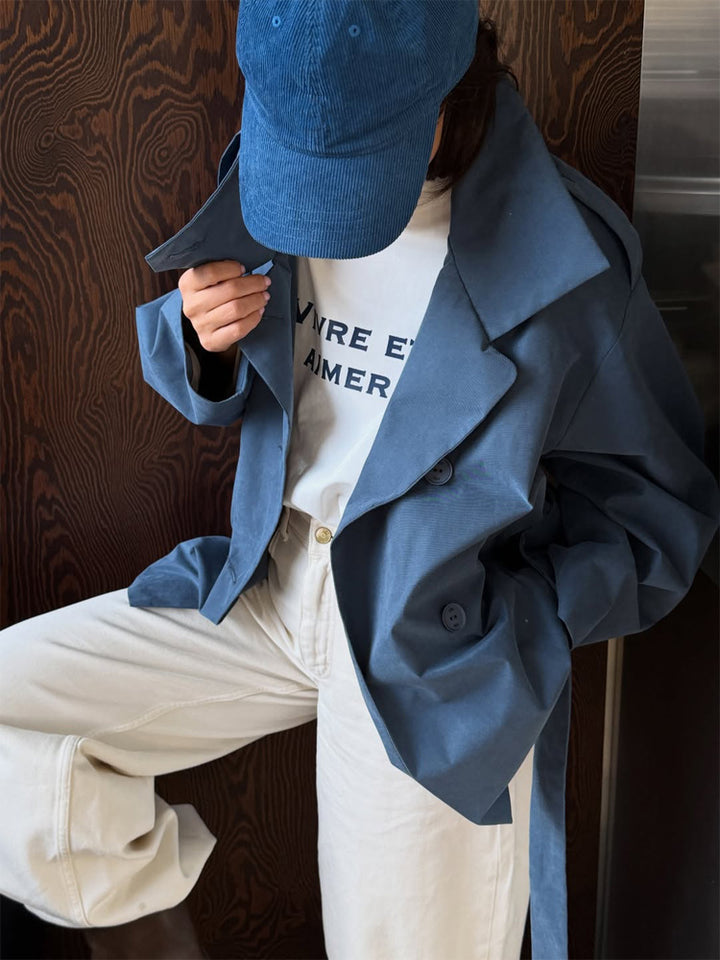 Women's Oversize Cropped Trench Coat with Wide Lapels and Tie Belt Amarae