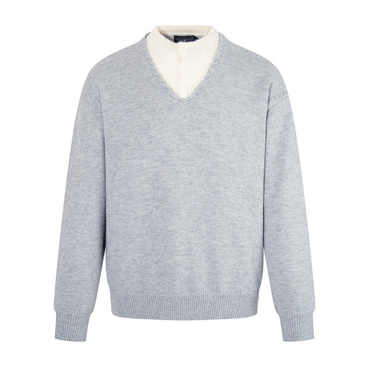 Men's Fine V-Neck Sweater with Layered Look and Stand-Up Collar Inner Part Amarae