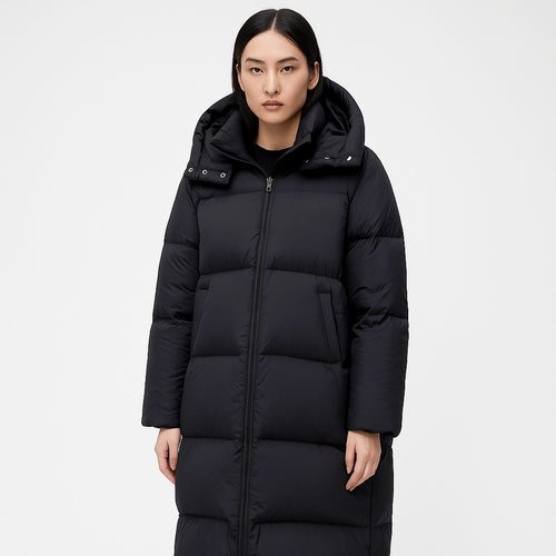Ladies Long and Bulky Down Coat with Removable Hood and Side Pockets Amarae