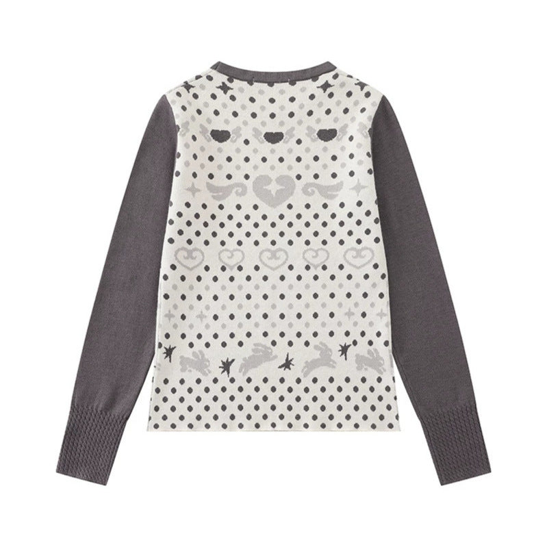 Ladies fine knit pullover with jacquard motif, round neckline and contrast sleeves Amarae