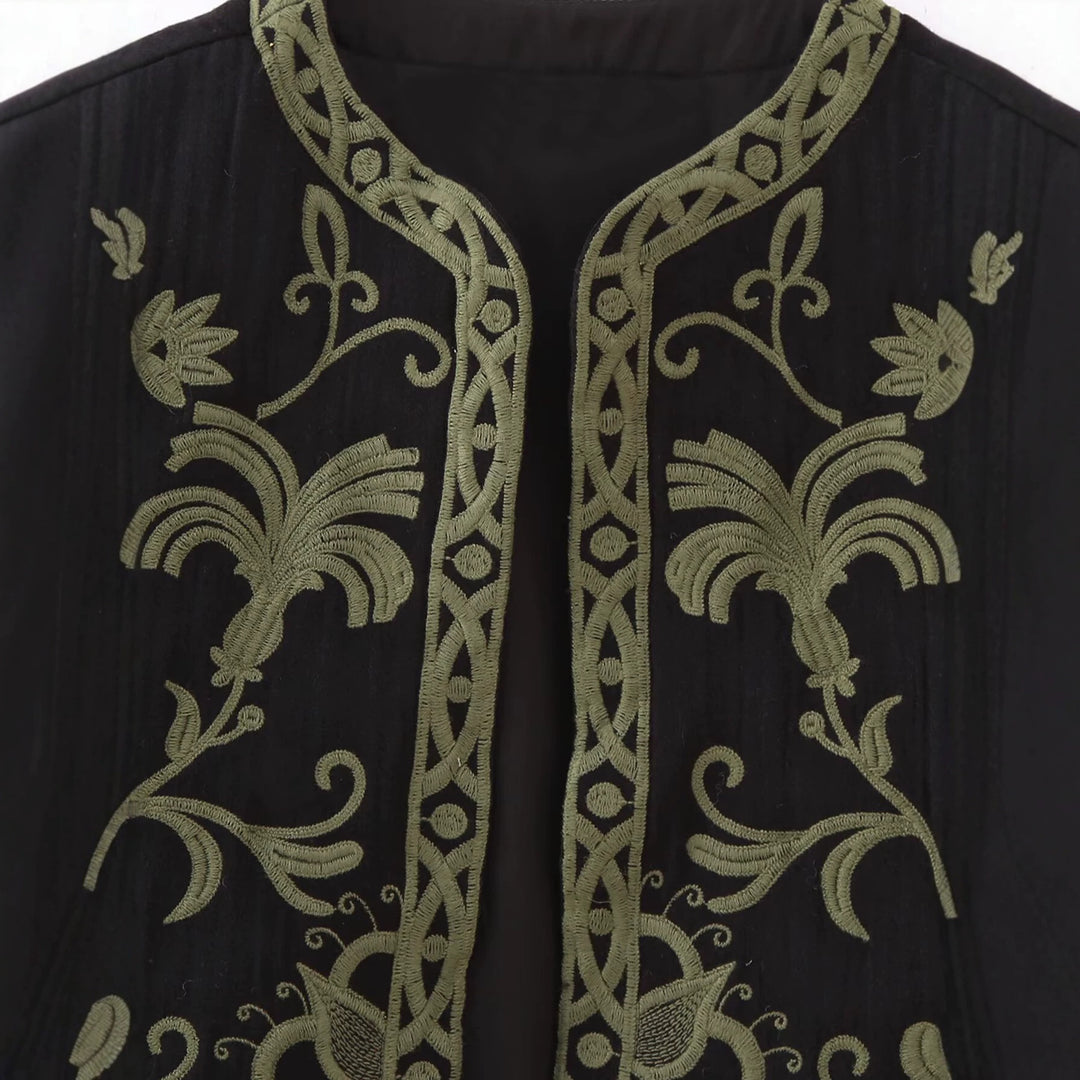 Women's Boho Embroidered Vest with Open Cut and Floral Decorative Embroidery Amarae
