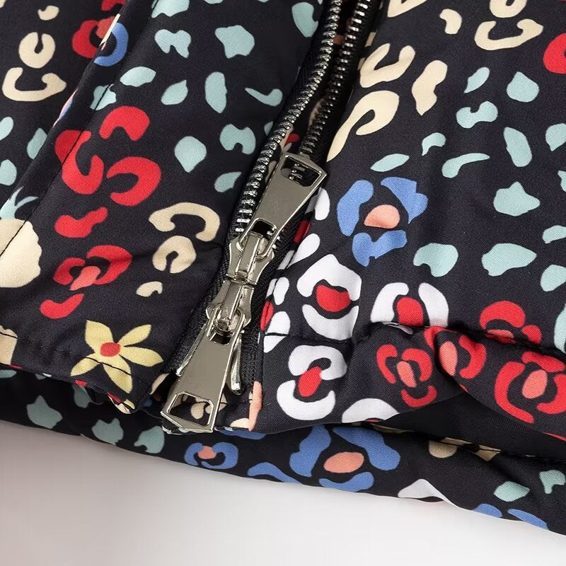 Women's boxy overcoat with stand-up collar, concealed button placket and multicolored all-over print Amarae