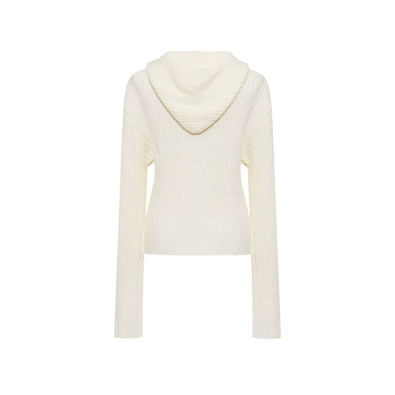 Women's ribbed hooded cardigan with zipper, decorative button placket and patch pockets Amarae