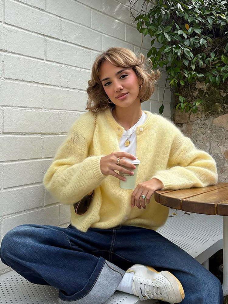 Women's Fluffy Short Jacket made of Mohair Mix with Round Neck and Boxy Silhouette Amarae