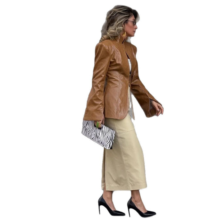 Women's fitted leather look blazer with stand collar & extended cuffs Amarae