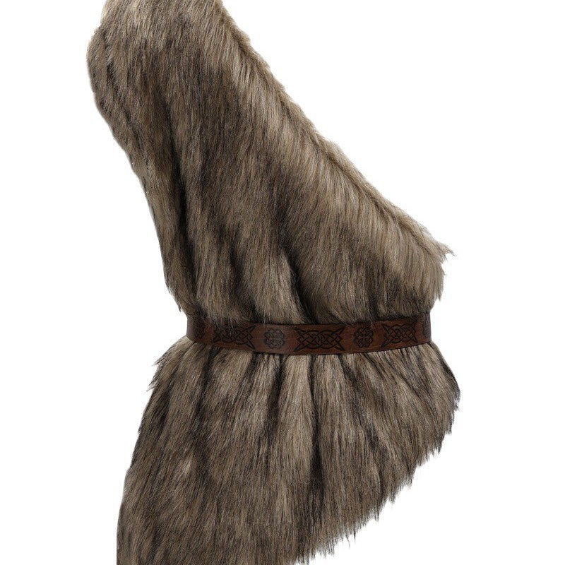 Unisex shoulder cape made of faux fur with decorative leather belt and asymmetrical cut Amarae
