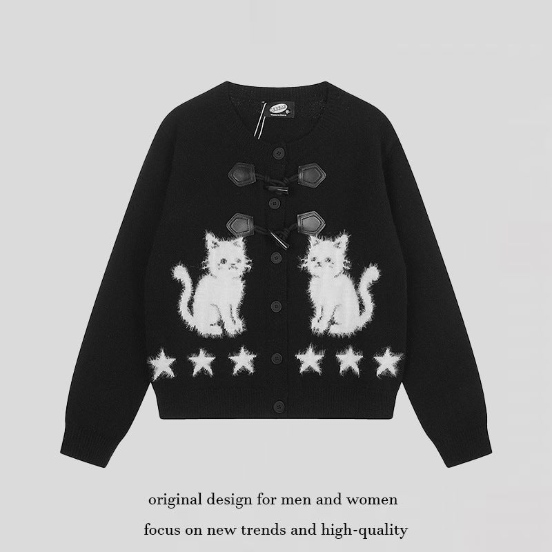 Women's cardigan with cat jacquard, decorative toggle closure and star trim Amarae