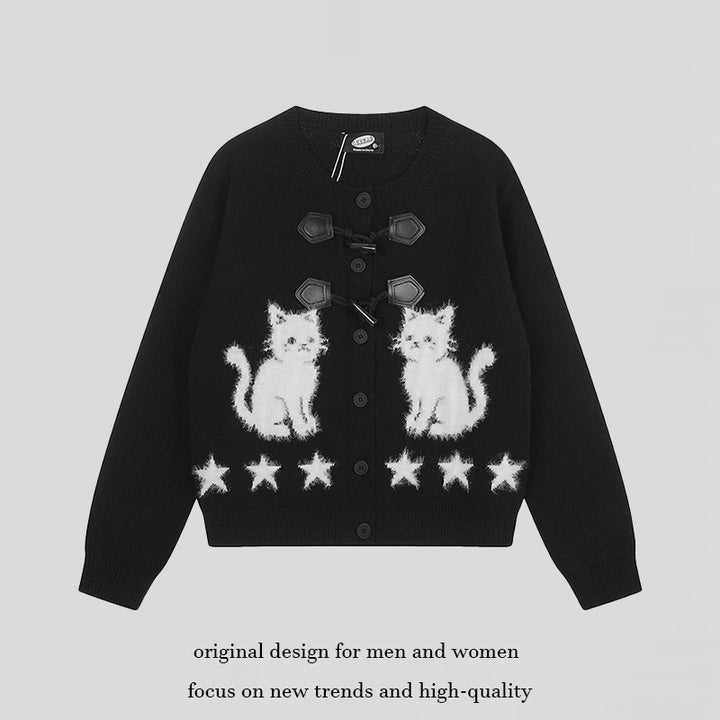 Women's cardigan with cat jacquard, decorative toggle closure and star trim Amarae