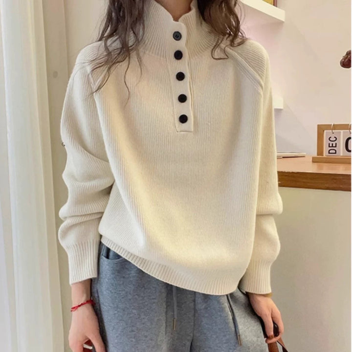Femme Pull Tricoté Confortable avec Patte de Boutons Chic & Stil