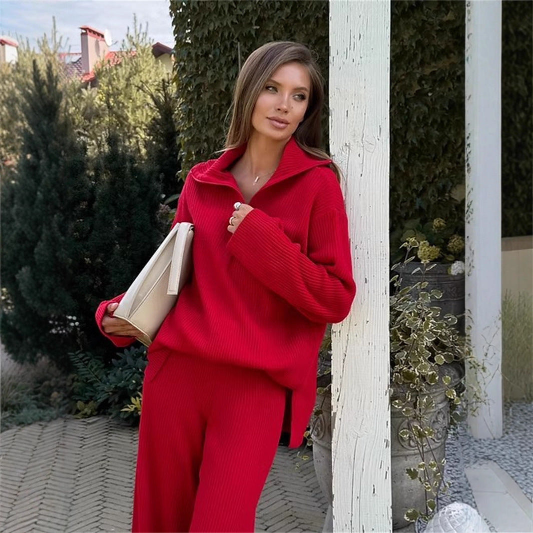 Comfortable knitted loungewear set for women with hood and wide legs Lune London