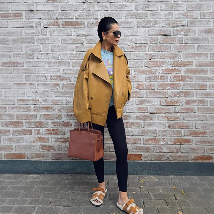 Women Oversize Leather Jacket with Voluminous Balloon Sleeves and Short Boxy Silhouette Amarae