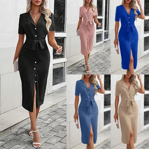 Elegant midi dress for women with button details and belt at the waist Amarae