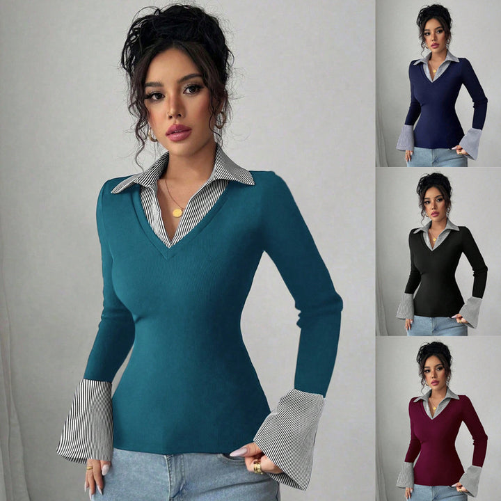 Ladies fine knit sweater with integrated shirt collar and striped cuffs Amarae