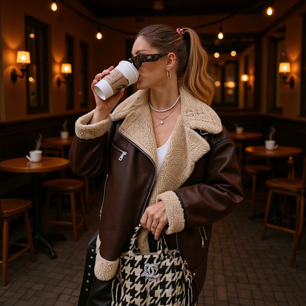 Women's Casual Aviator Biker Jacket in Vintage Leather Look with Sherpa Lining Amarae