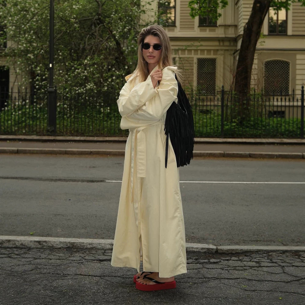 Women's Lightweight Long Trench Coat with Oversized Silhouette, Wide Shawl Collar and Extended Sleeves Amarae