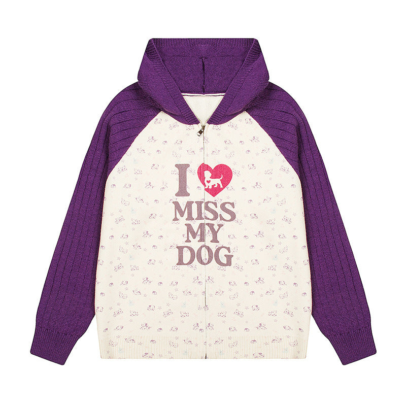 Women's hoodie cardigan with full zip, ribbed sleeves, and dog statement print Amarae