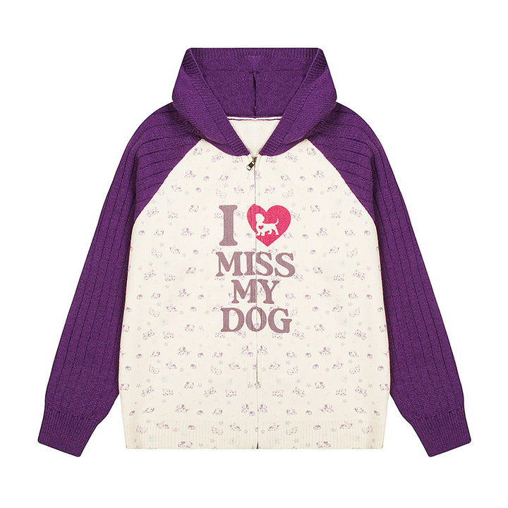 Women's hoodie cardigan with full zip, ribbed sleeves, and dog statement print Amarae